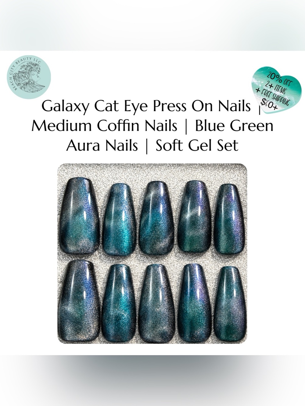 Galaxy Cat Eye Press On Nails | Medium Coffin Nails | Blue Green Aura Nails